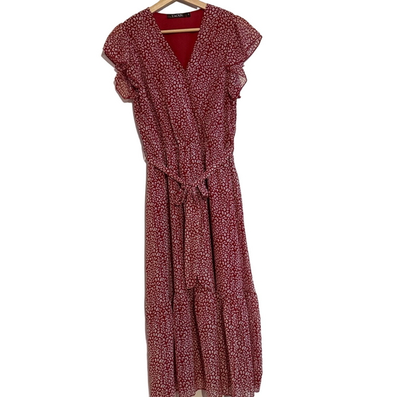 Elegant Red Floral Sheer V Neck lightweight Maxi Bohemian Dress - Picture 3 of 10